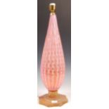 BELIEVED BAROVIER MURANO TALL PINK GLASS TABLE LAMP.