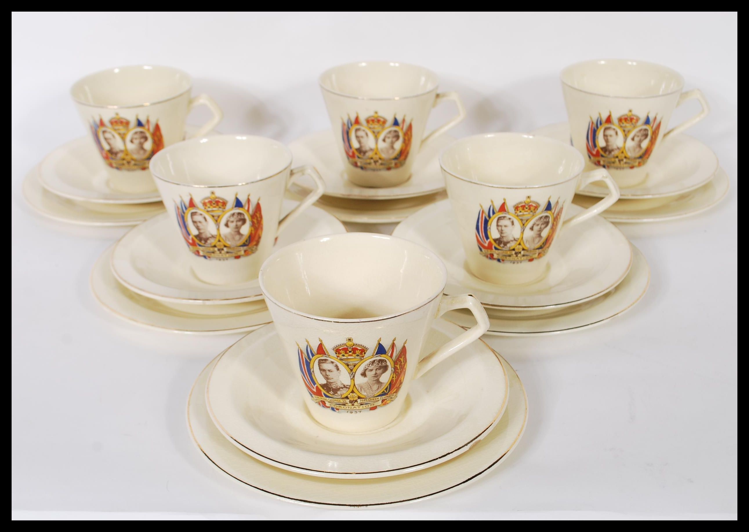 A set of six early 20th Century ceramic tea cup trio's commemorating the Coronation of George VI and - Image 2 of 11