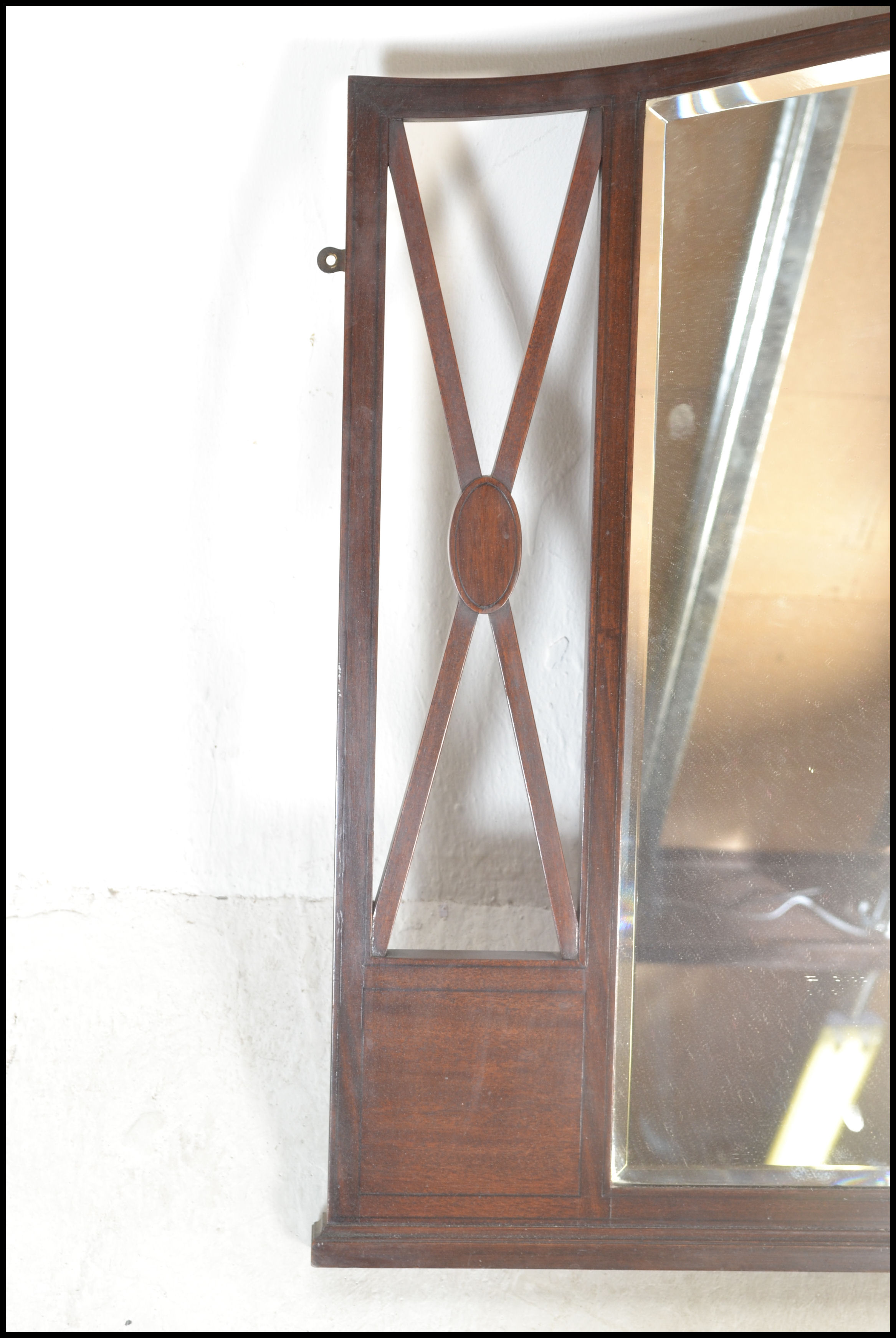 An early 20th Century Edwardian mahogany inlaid arched overmantel wall mirror, central bevelled - Image 5 of 6