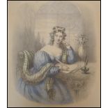 An early 20th Century pencil drawing on paper depicting a 19th Century lady sitting at a writing