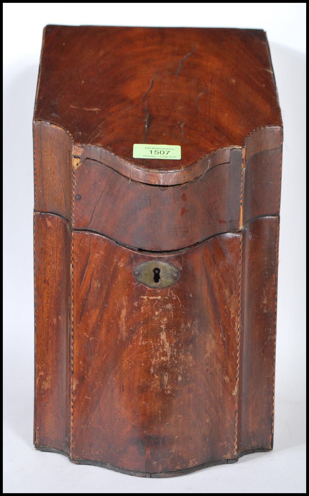 An 18th century George III mahogany inlaid knife box - cutlery box. Of serpentine form with hinged - Image 2 of 6