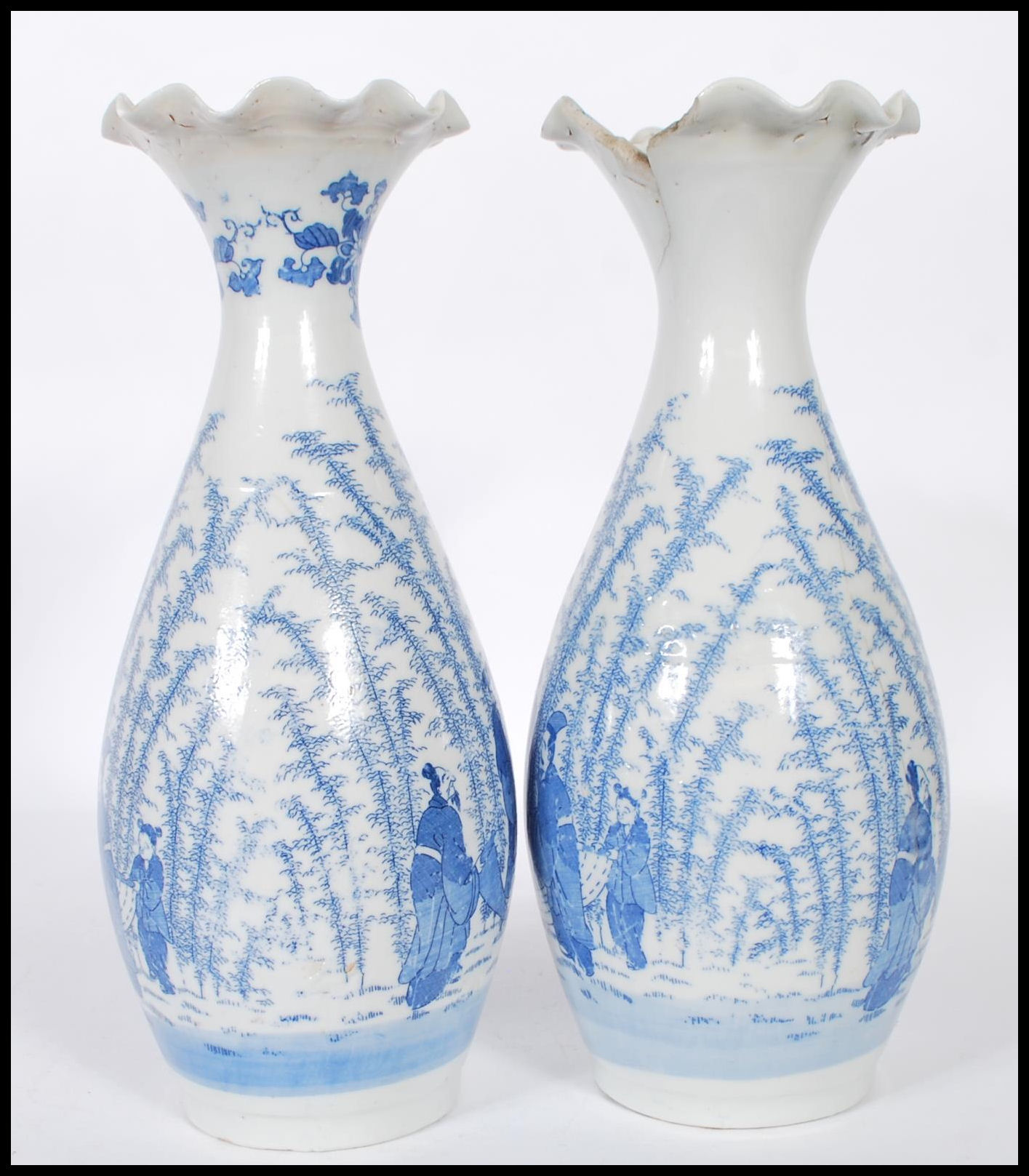 A pair of Japanese porcelain blue and white vases having flared and fanned rims with transfer - Image 4 of 6