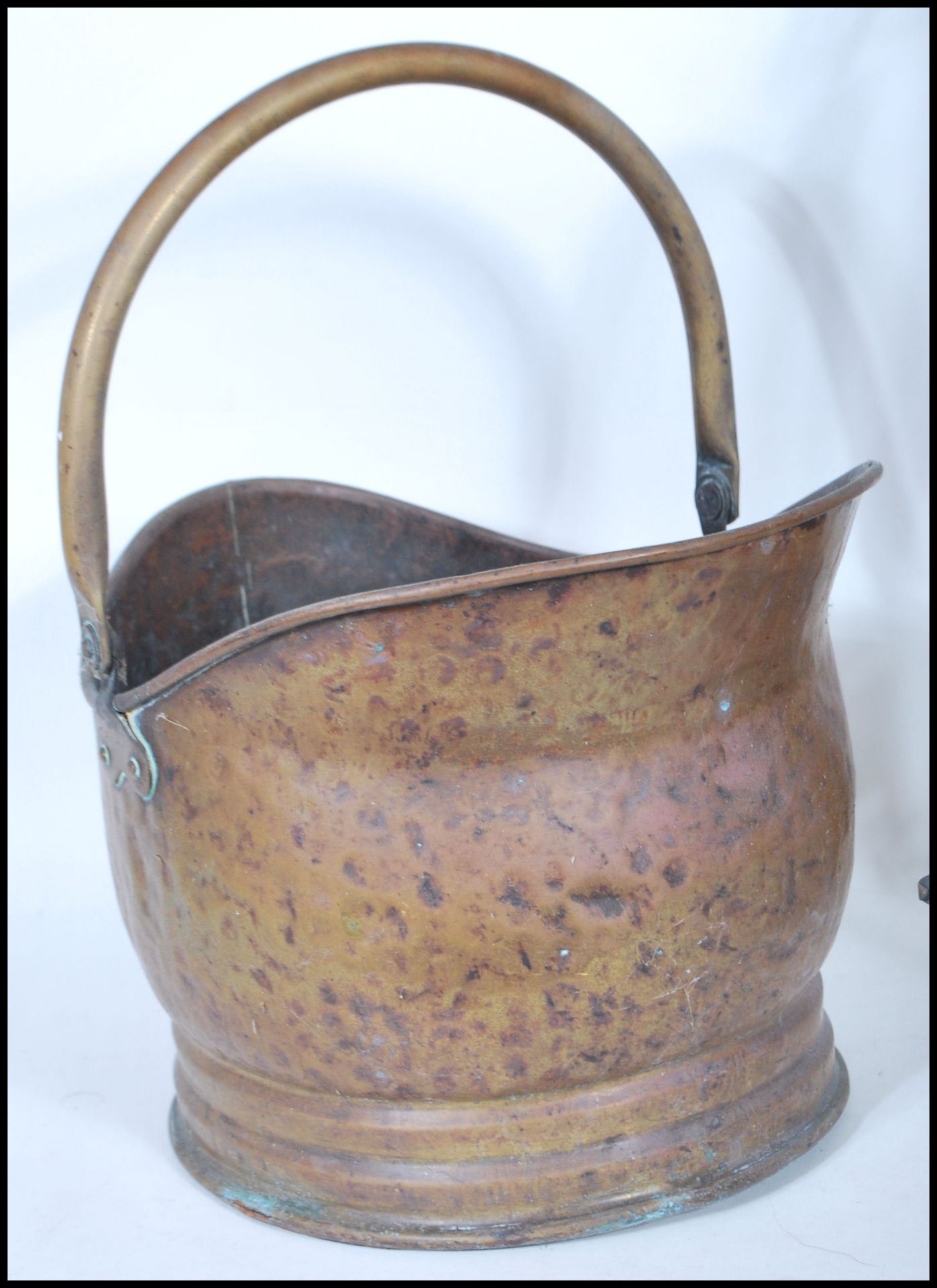 A 19th century Victorian copper coal bucket of cylindrical form having loop handle together with a - Image 2 of 5