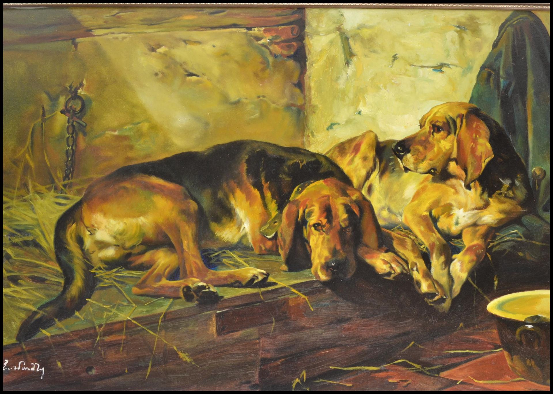 A 20th Century oil on canvas painting depicting two sleeping hunting hounds within a farmyard scene. - Image 3 of 3