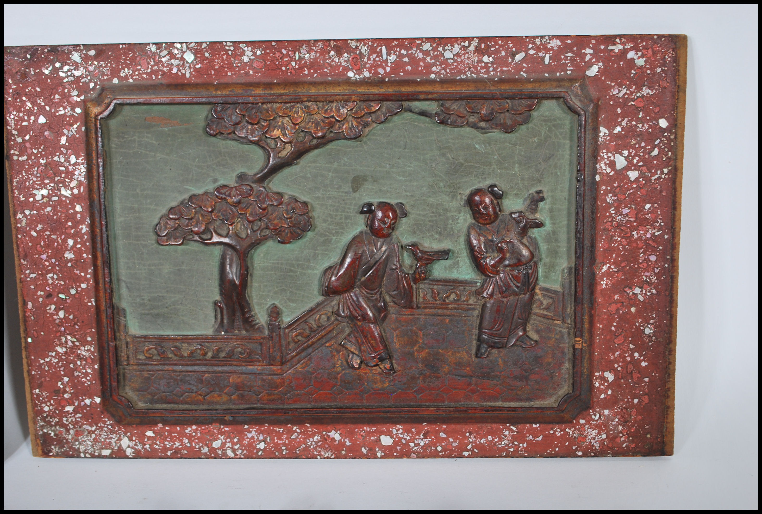 A selection of carved Chinese wooden wall panels / plaques to include a red lacquered panel with - Image 3 of 8