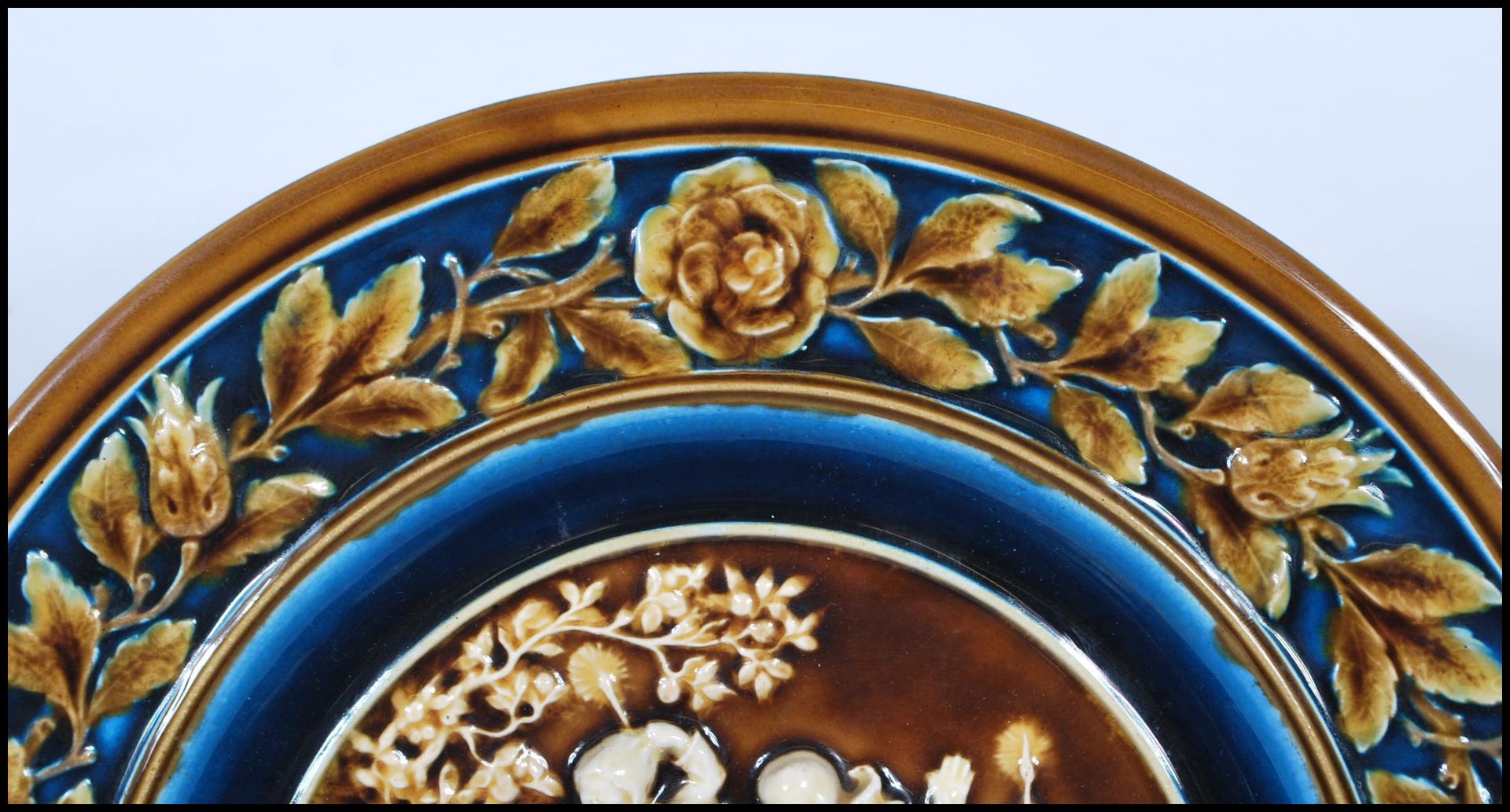 An Austrian 19th century porcelain wall charger having brown glaze with white cameo in relief centre - Bild 4 aus 6