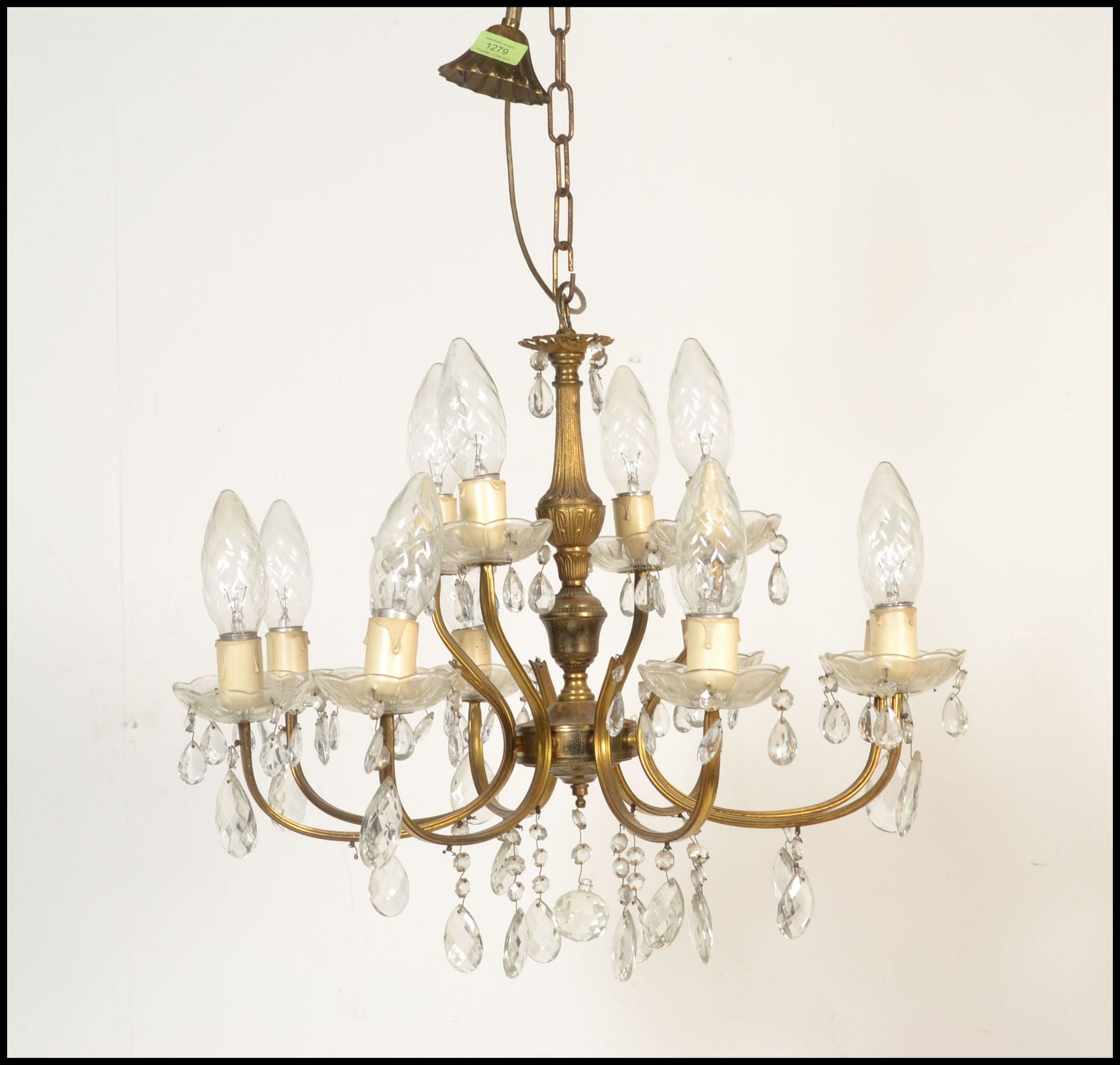 A six branch, twelve light gilt metal and cut glass chandelier, the sconces arranged in two tiers of - Bild 5 aus 5