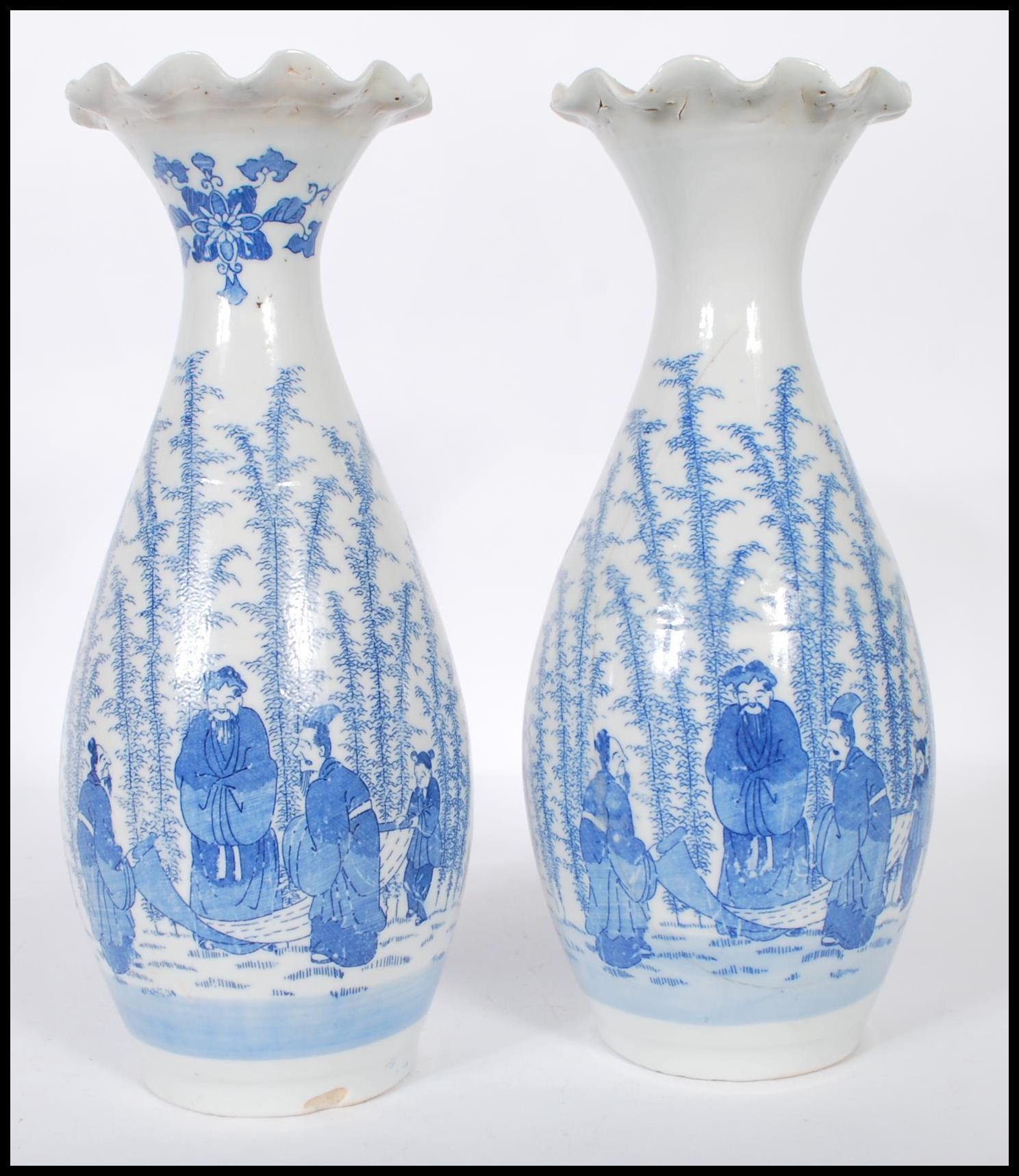 A pair of Japanese porcelain blue and white vases having flared and fanned rims with transfer - Image 3 of 6