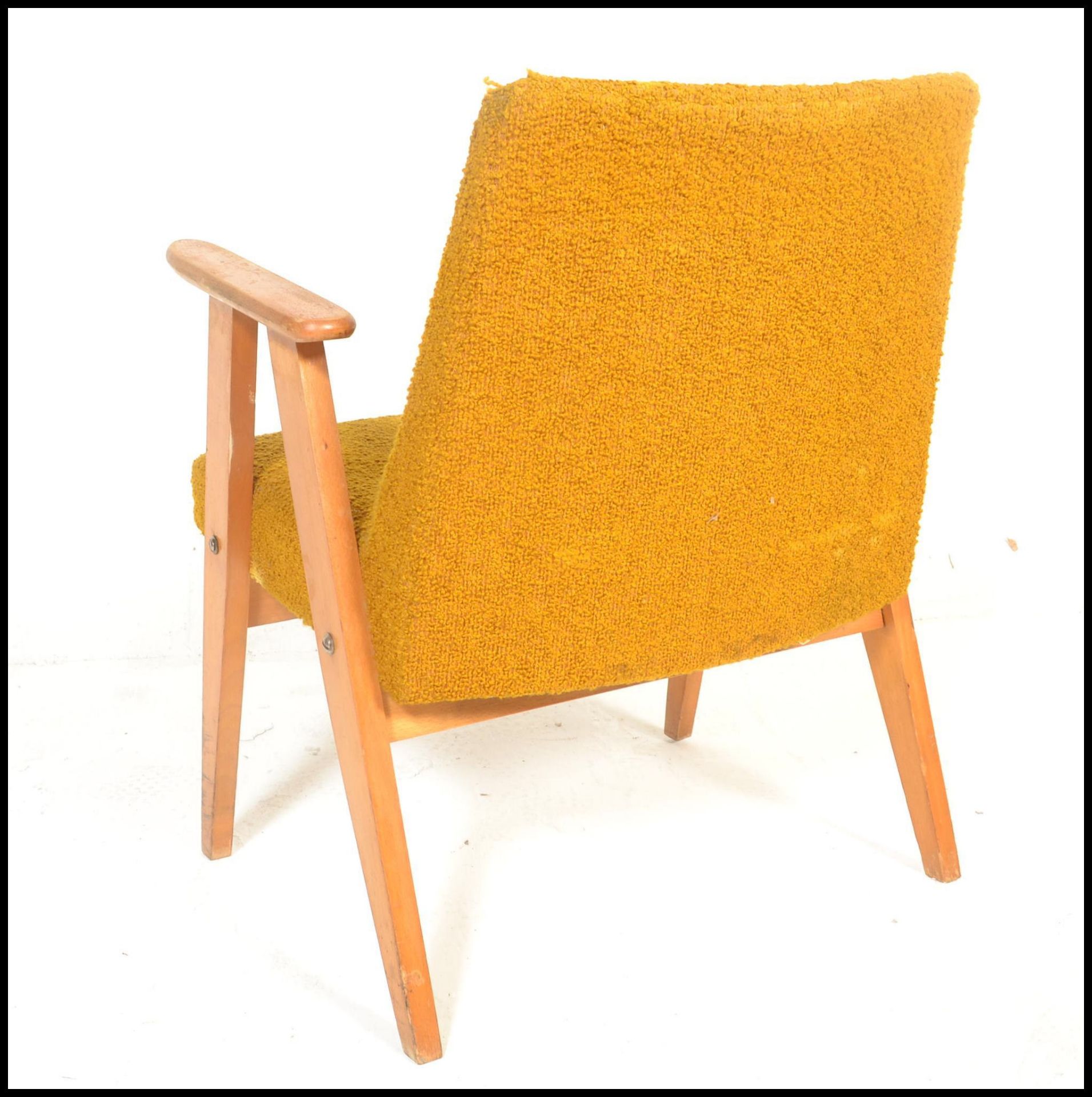 A Danish style retro 20th Century open framed beech wood lounge / fireside armchair, upholstered - Bild 6 aus 6