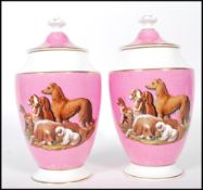 A pair of Coalport lidded vases  being hand printed limited edition made specially for Clarkson of