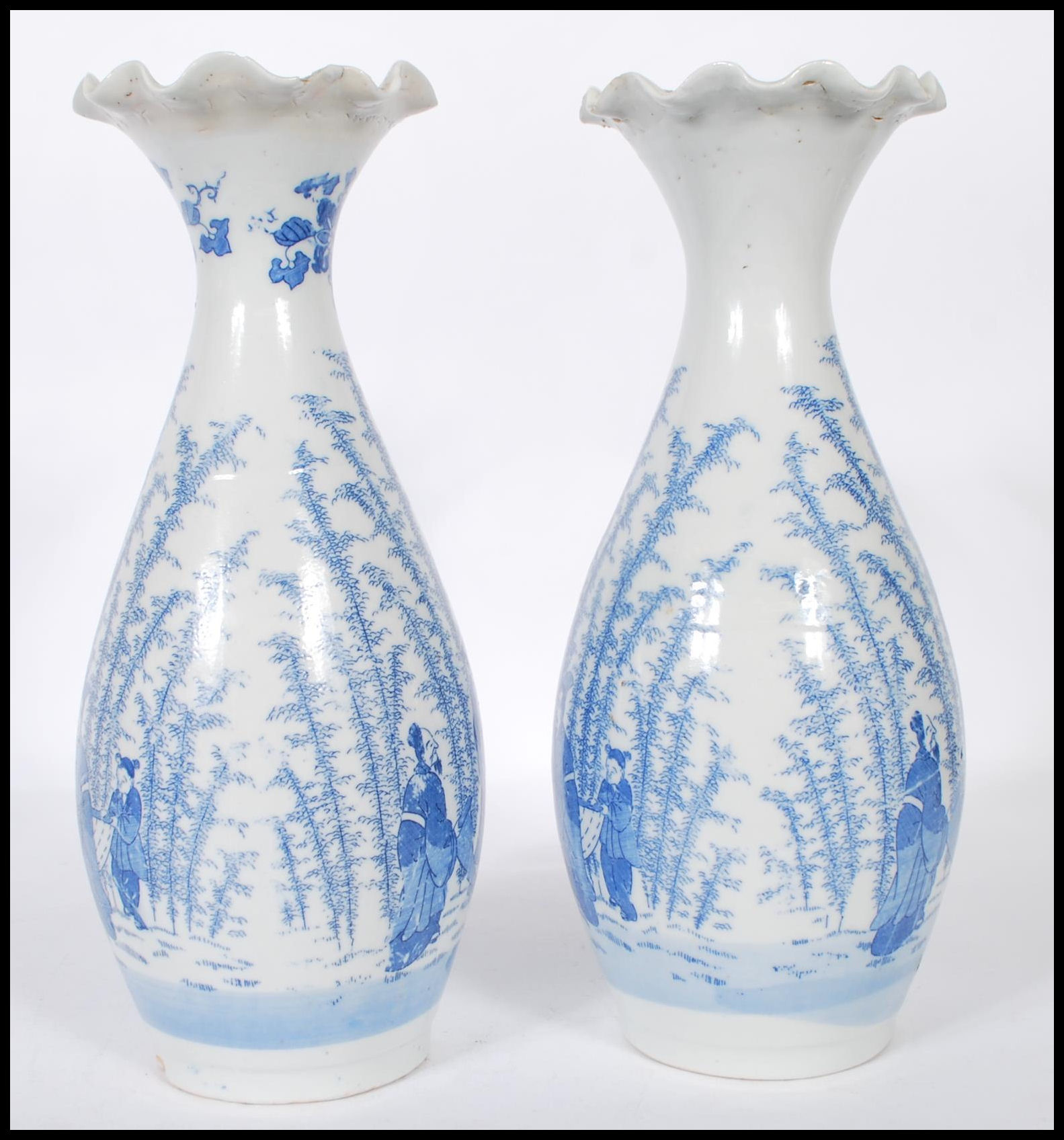 A pair of Japanese porcelain blue and white vases having flared and fanned rims with transfer - Image 2 of 6