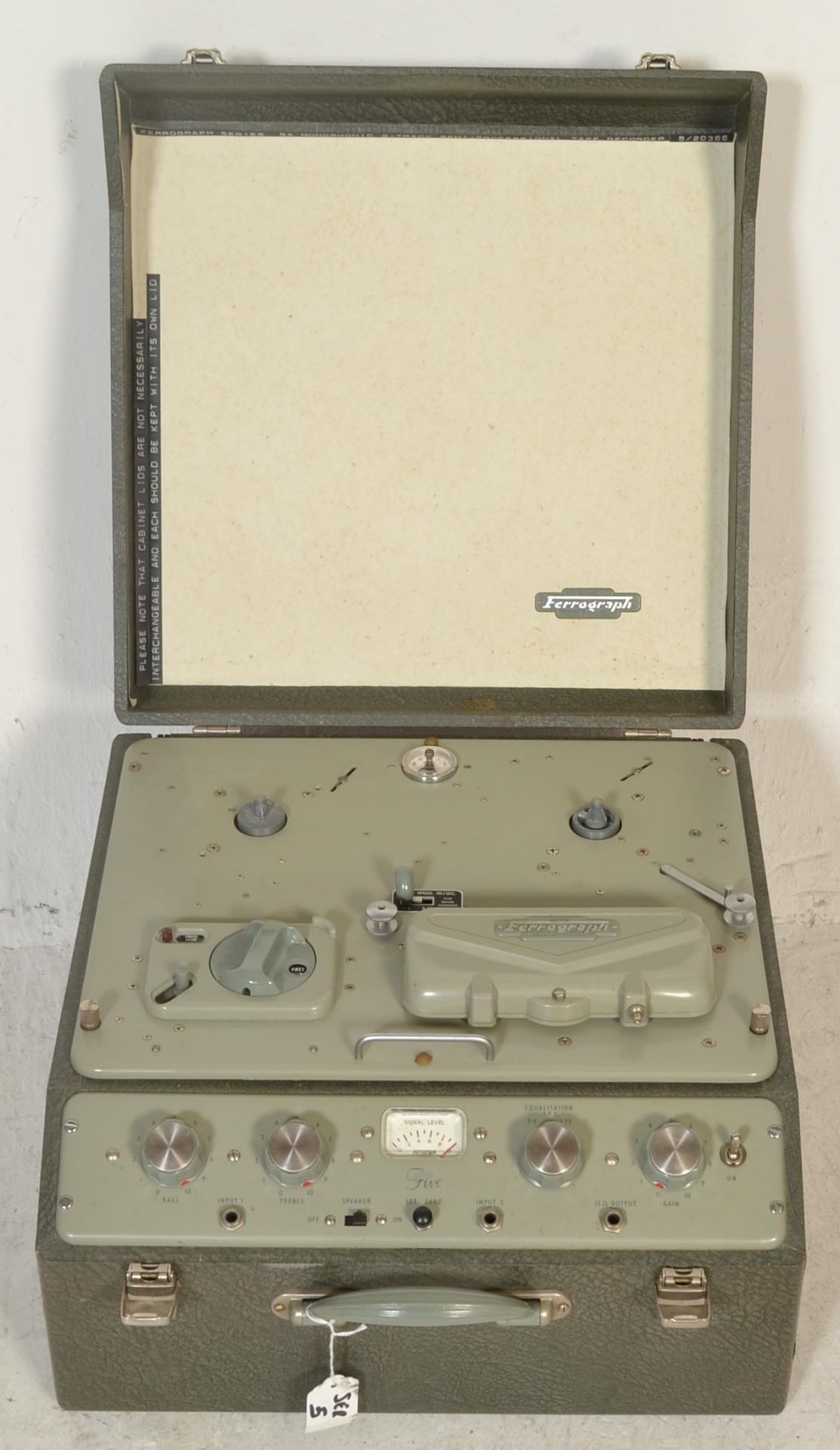 A vintage 20th Century Ferrograph type 5A serial no 5/30170 reel to reel tape recorder, vinyl