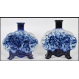 A pair of 19th century Royal Art Pottery Co, Longton blue and white moon flasks. Each being transfer