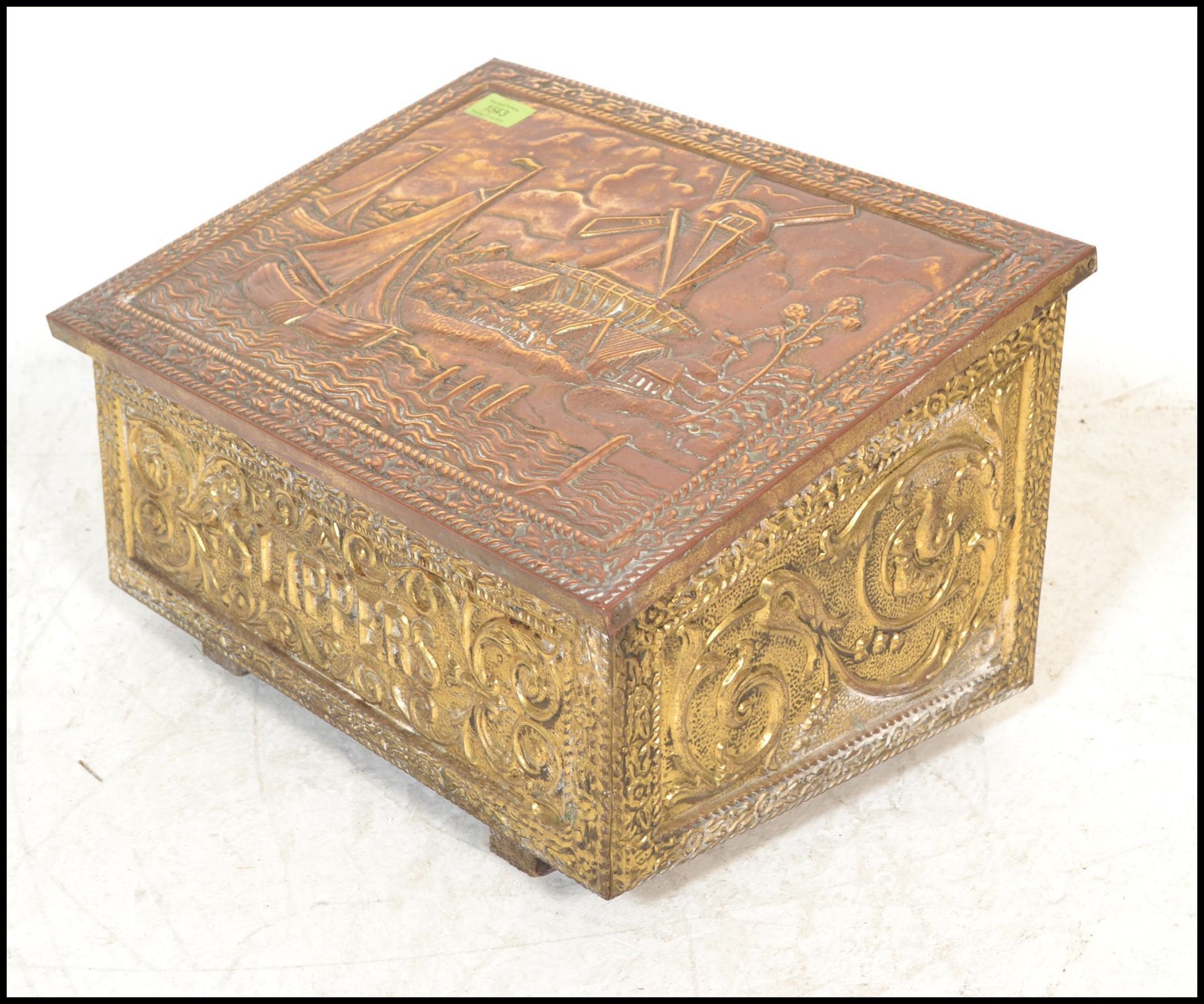 An 20th Century slippers box of wooden construction with copper panelling to the exterior having - Image 5 of 6