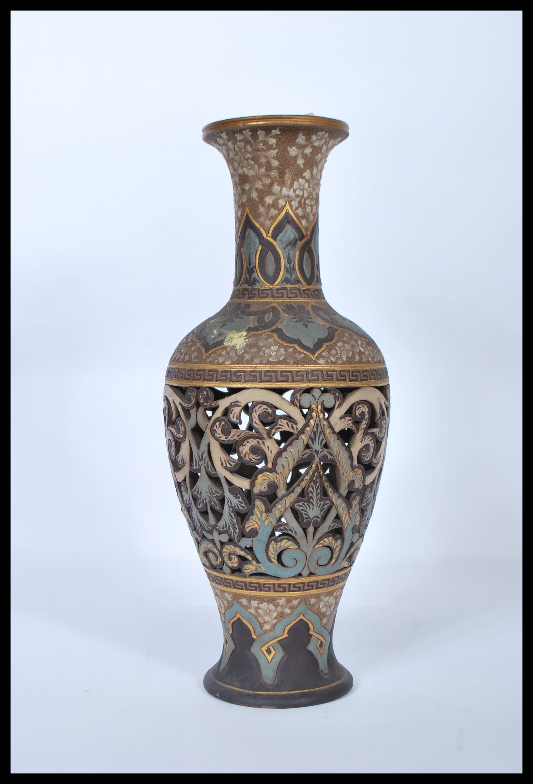 A 19th century Doulton Lambeth stoneware fret pierced vase of baluster form. Lattice pierced - Image 3 of 6