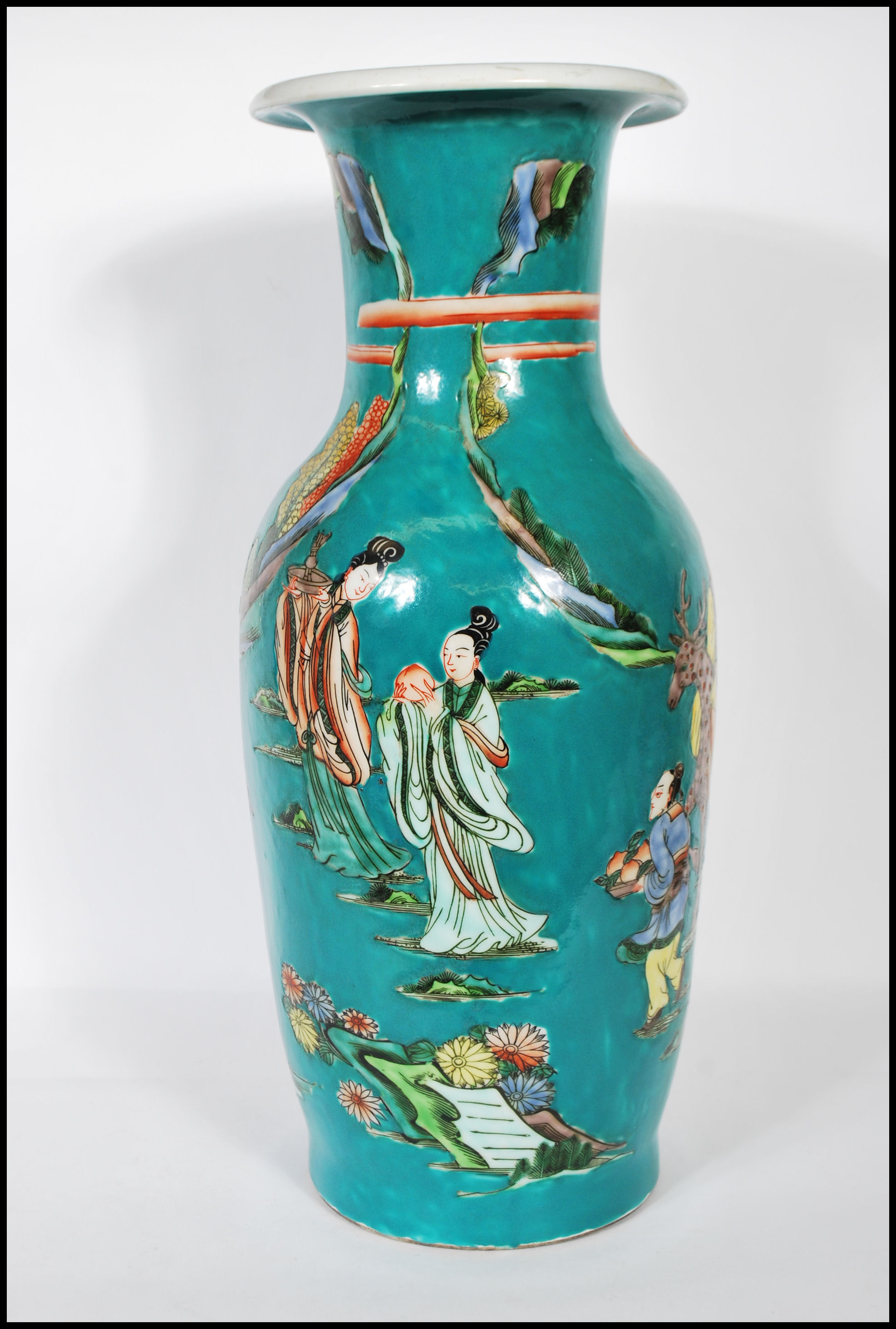 A 20th Century Chinese large porcelain temple vase having teal ground with hand painted and - Image 2 of 6