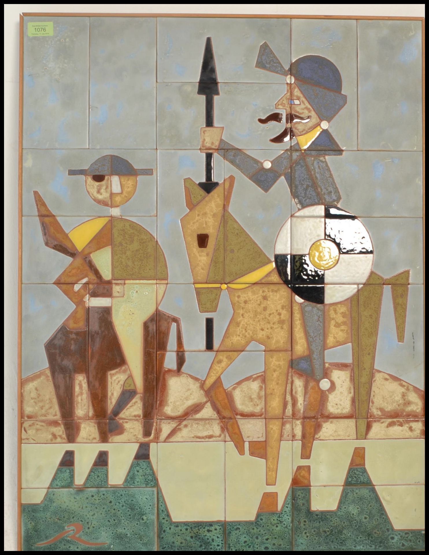 A vintage retro 20th Century tiled wall art panel depicting Don Quixote and Sanchez riding on - Bild 2 aus 3
