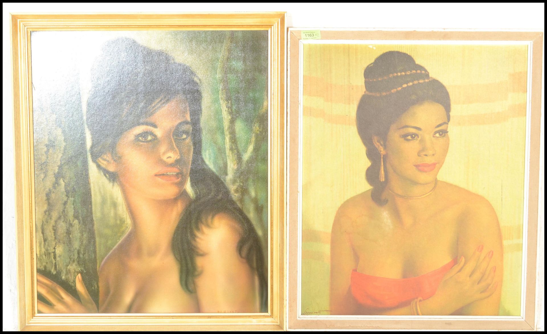 A vintage retro 20th century framed 1960's coloured print of a partly clad Female after J H Lynch