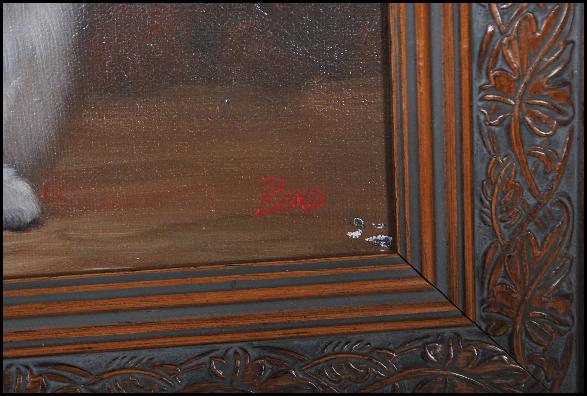 A framed oil on canvas portrait painting of a long haired cat signed to the corner Bond together - Image 3 of 5