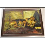 A 20th Century oil on canvas painting depicting two sleeping hunting hounds within a farmyard scene.