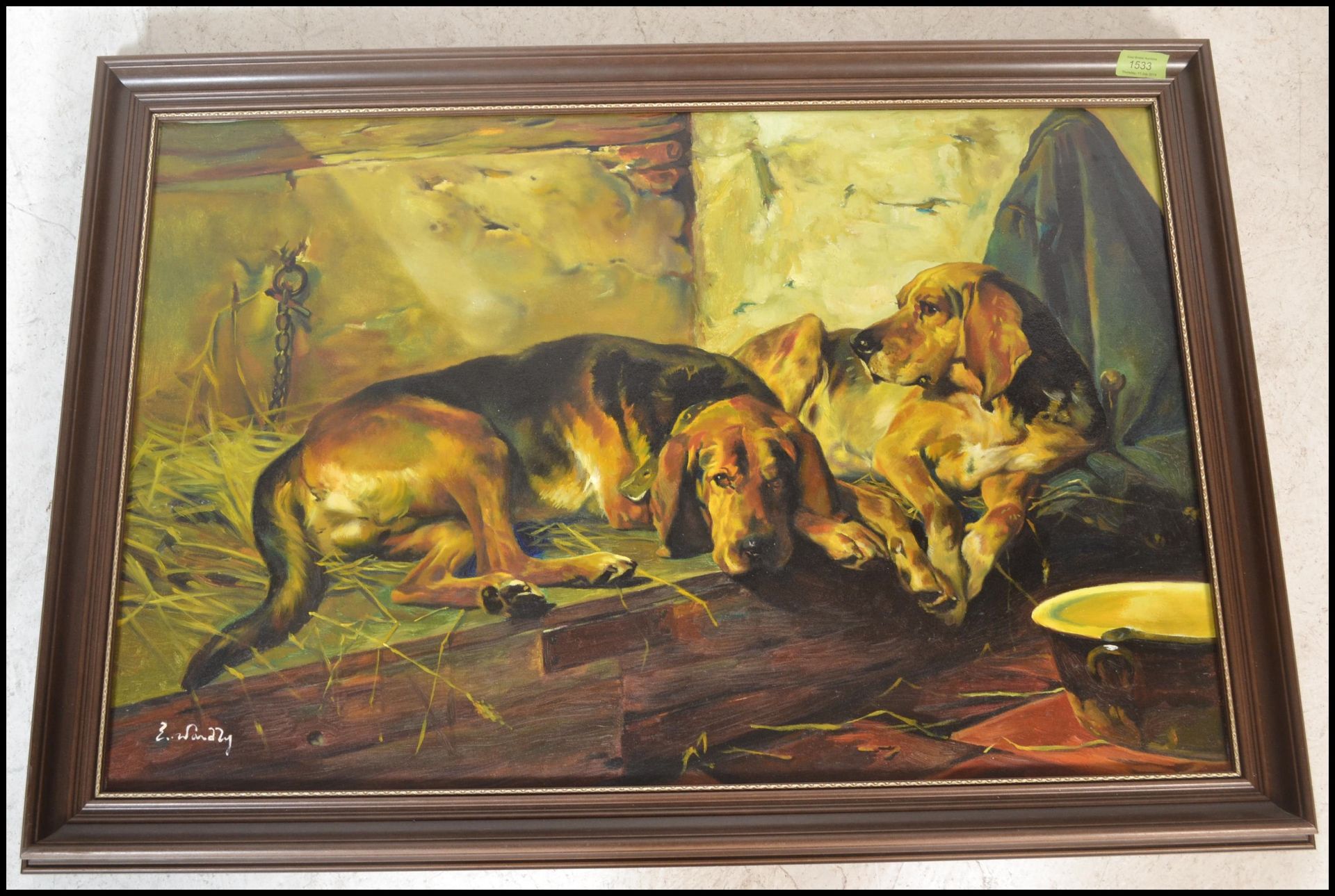 A 20th Century oil on canvas painting depicting two sleeping hunting hounds within a farmyard scene.