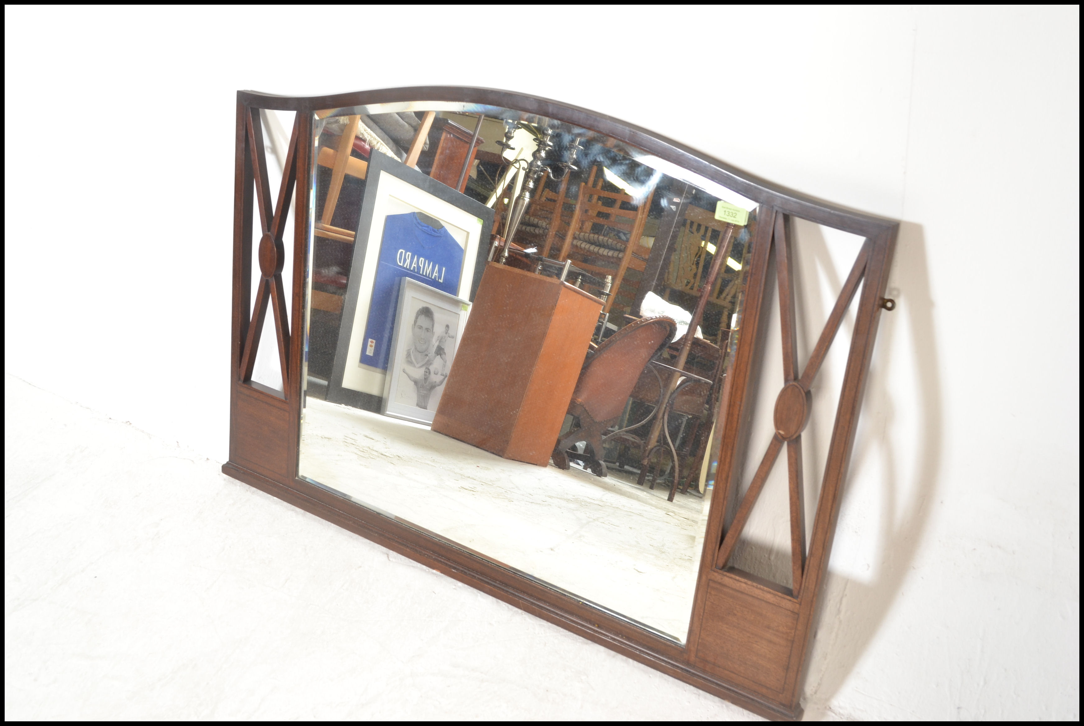 An early 20th Century Edwardian mahogany inlaid arched overmantel wall mirror, central bevelled - Image 6 of 6