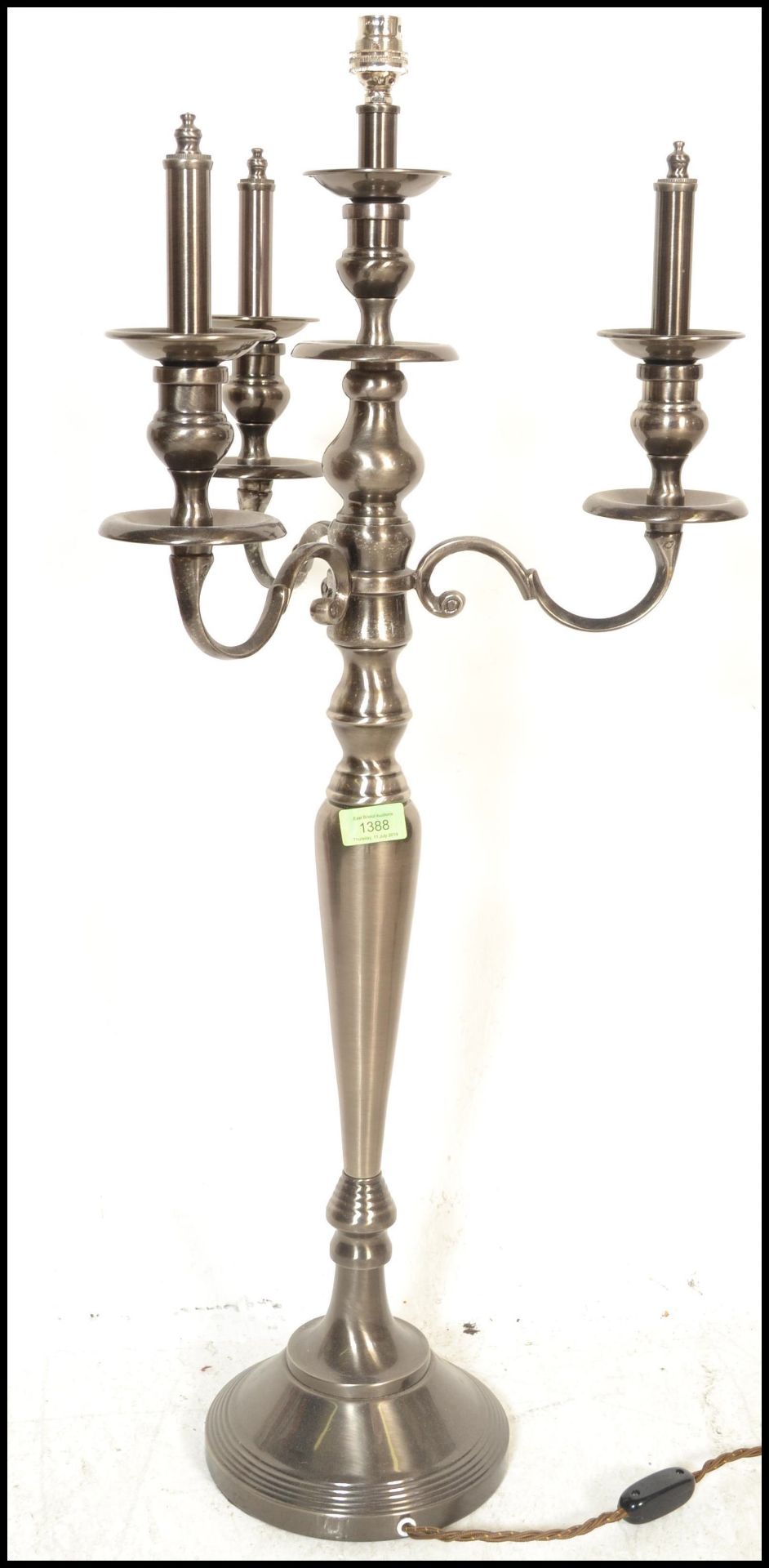 A pair of matching contemporary Georgian revival electric three branch candelabra, each with urn