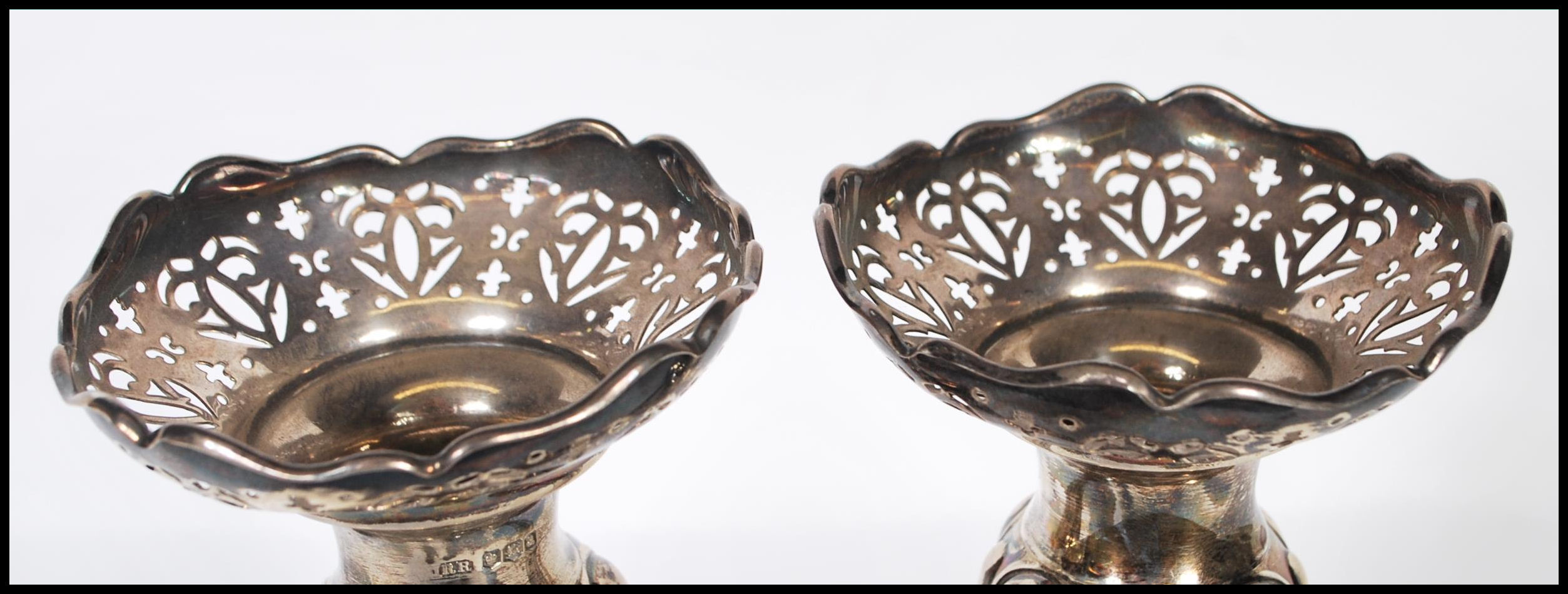 A pair of early 20th Century Art nouveau silver hallmarked spill vases of tapering form having - Image 4 of 9