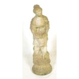 A 20th century well weathered classical garden statue of a maiden on plinth base being constructed