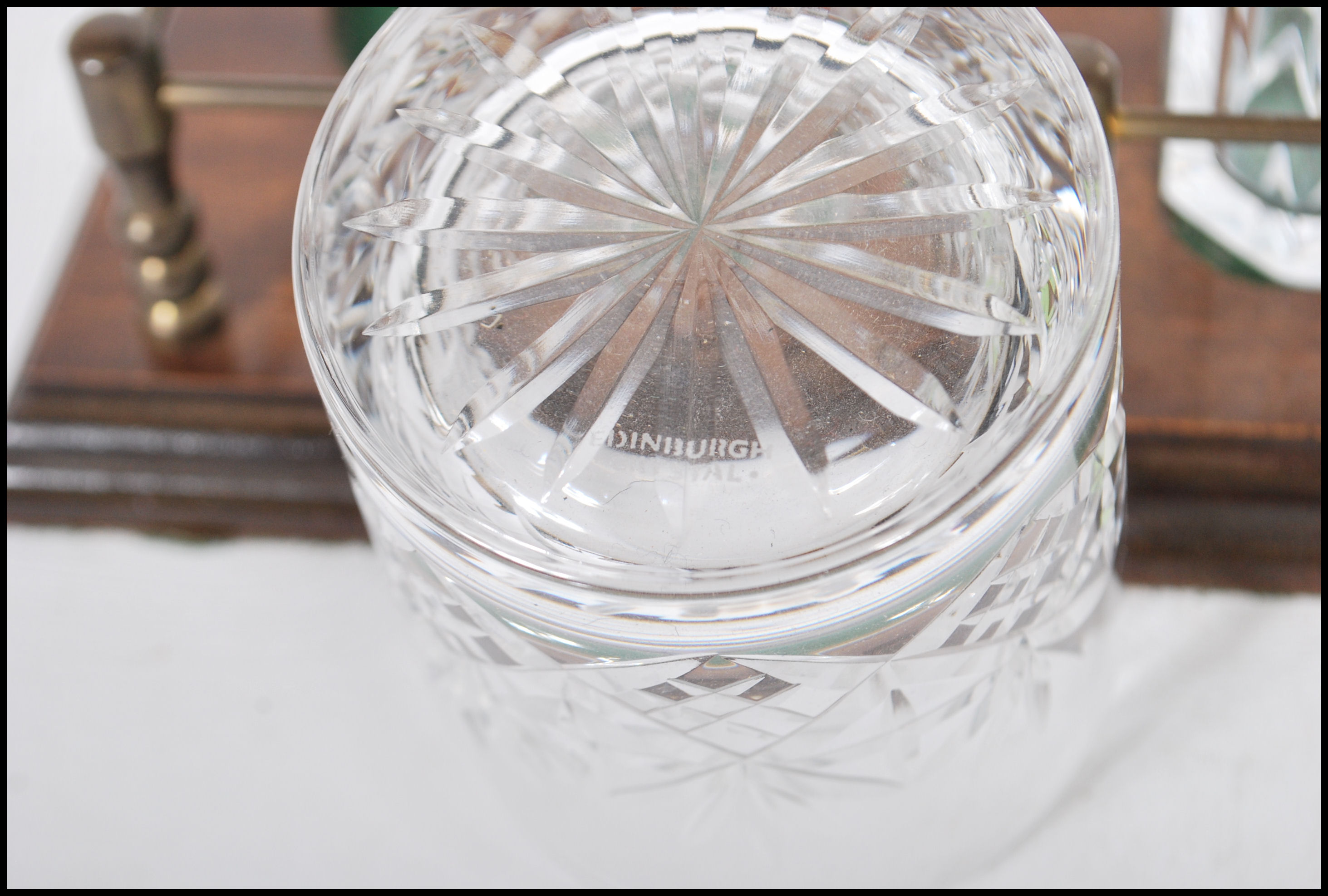 A vintage 20th Century cut glass decanter set having a stepped wooden base with a cut glass decanter - Image 8 of 8