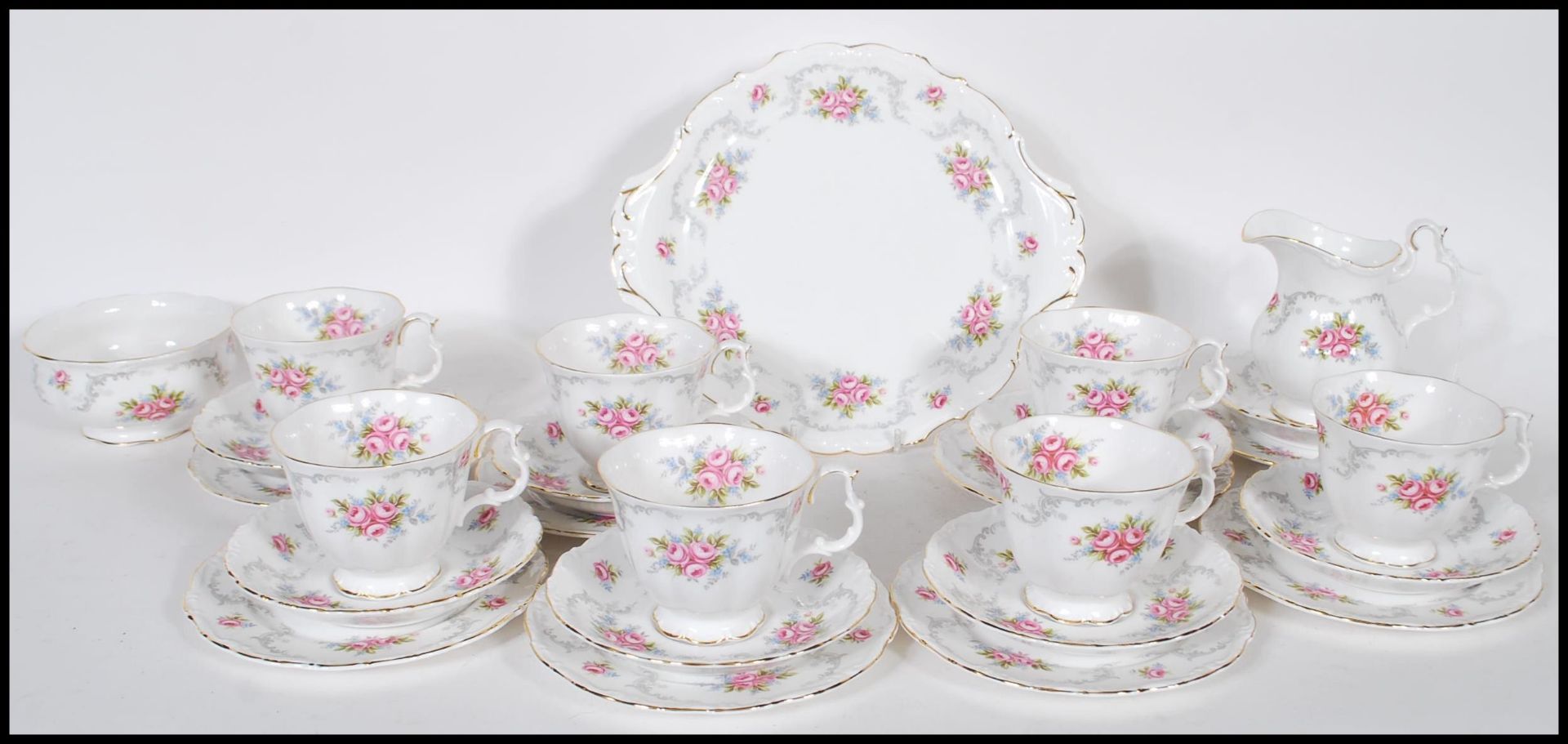 A Royal Albert tea service in the Tranquillity pattern having floral and gray foliate decoration - Image 2 of 8