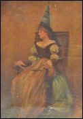 A 19th Century oil on canvas painting depicting an actress in a medieval costume wearing a pointed