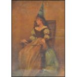 A 19th Century oil on canvas painting depicting an actress in a medieval costume wearing a pointed