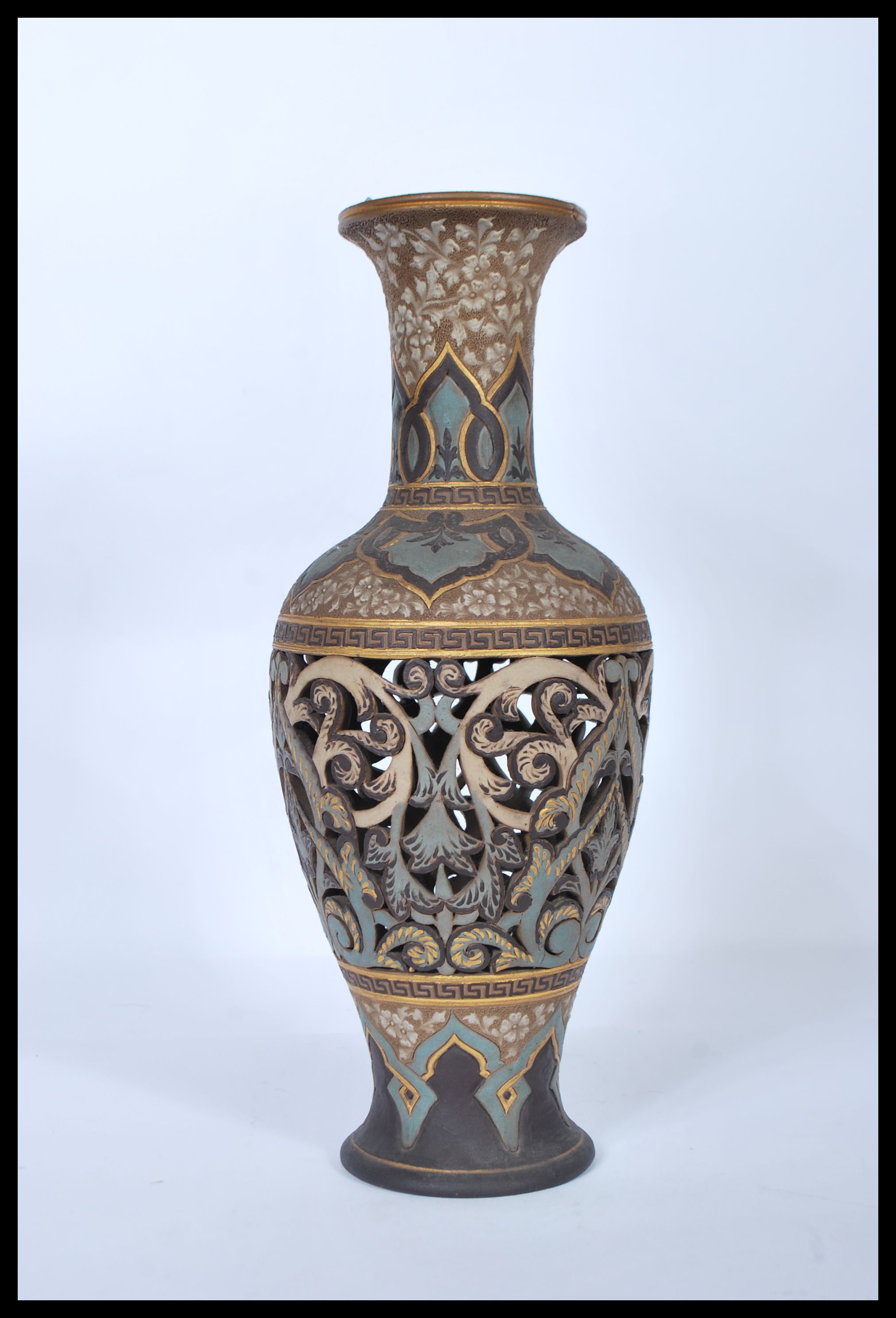 A 19th century Doulton Lambeth stoneware fret pierced vase of baluster form. Lattice pierced - Image 2 of 6