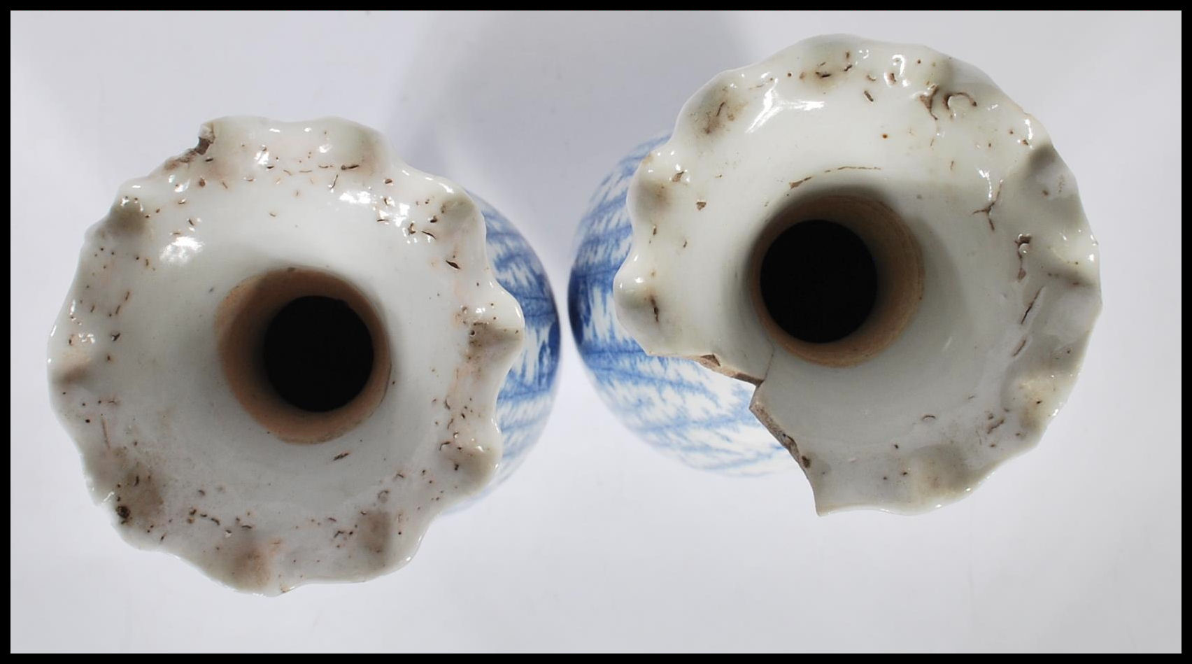 A pair of Japanese porcelain blue and white vases having flared and fanned rims with transfer - Image 5 of 6