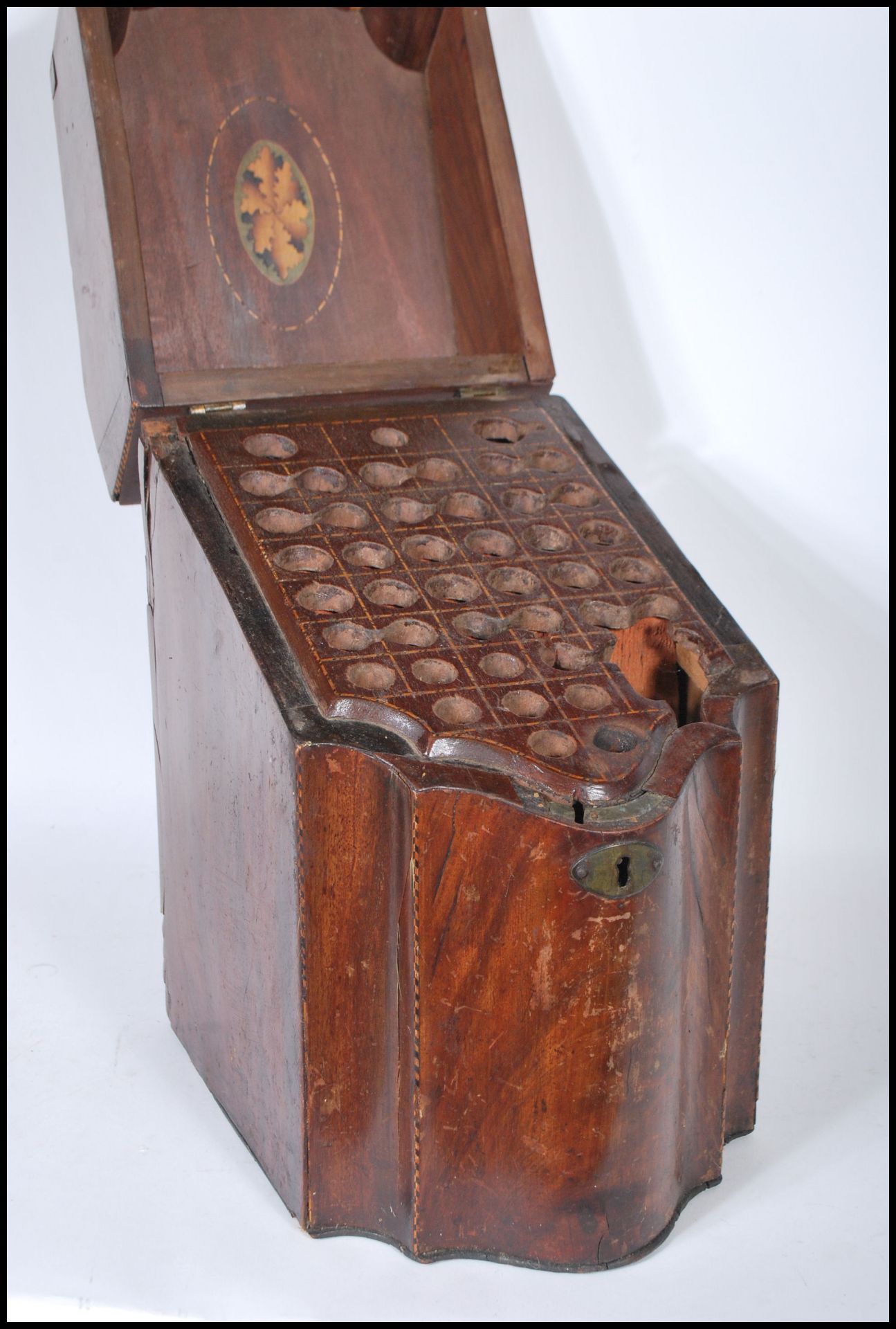 An 18th century George III mahogany inlaid knife box - cutlery box. Of serpentine form with hinged - Image 3 of 6