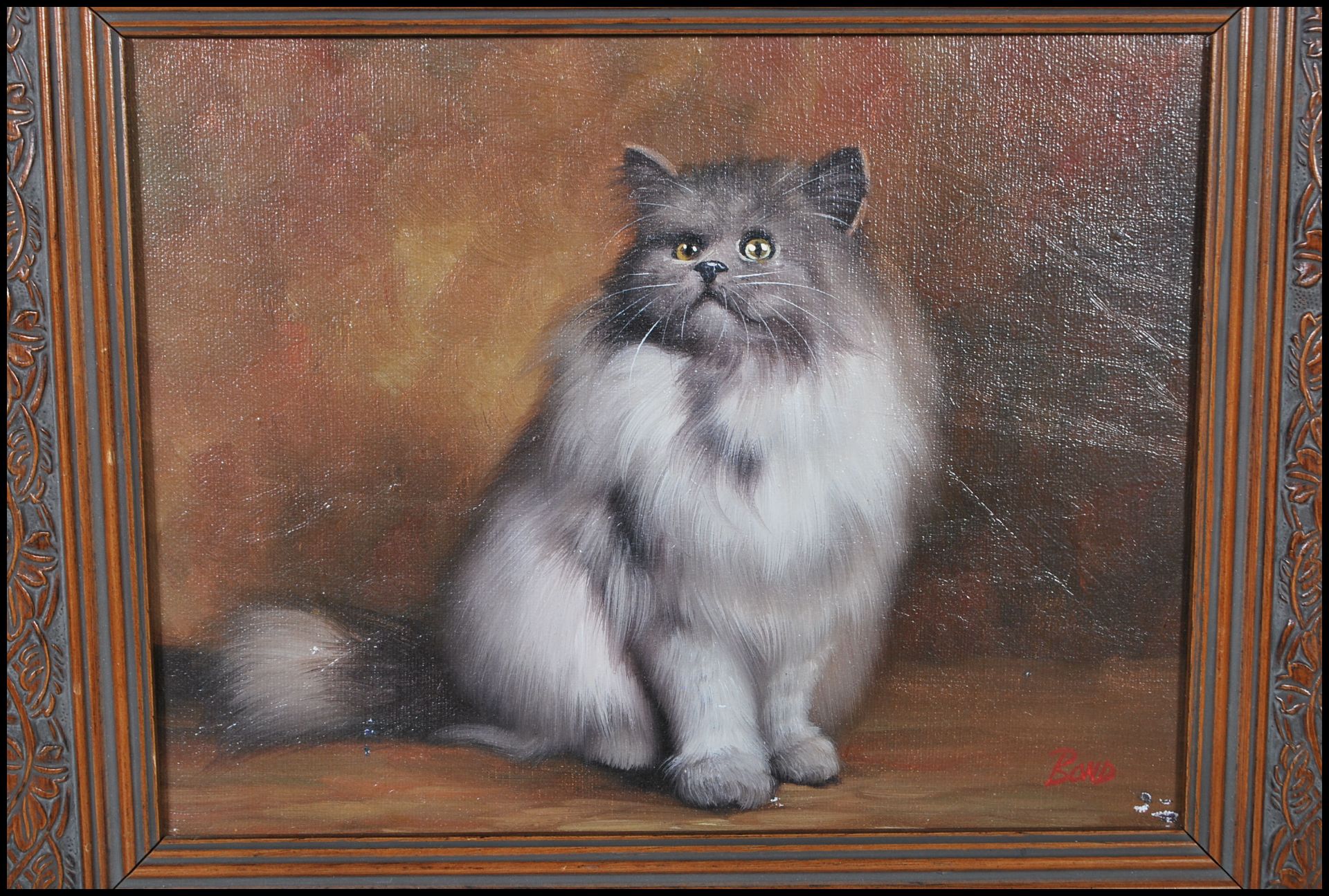 A framed oil on canvas portrait painting of a long haired cat signed to the corner Bond together - Image 2 of 5