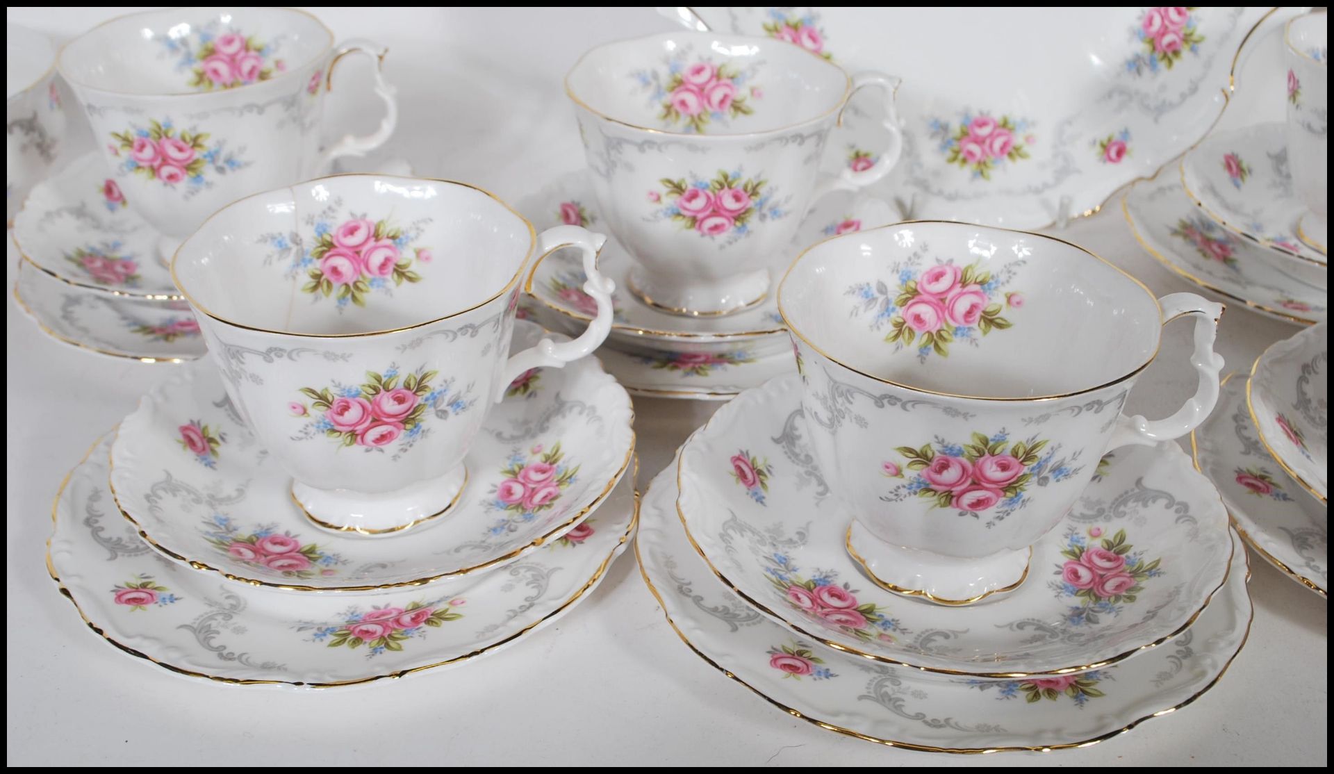 A Royal Albert tea service in the Tranquillity pattern having floral and gray foliate decoration - Image 3 of 8
