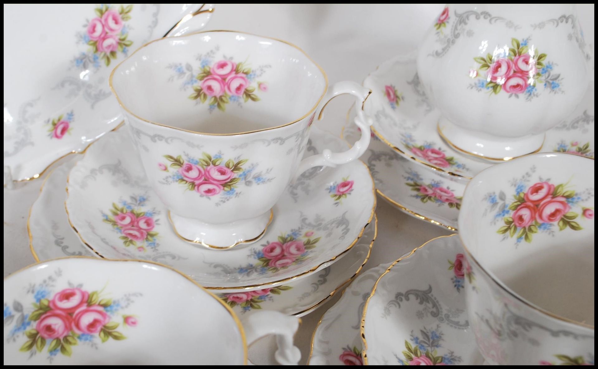 A Royal Albert tea service in the Tranquillity pattern having floral and gray foliate decoration - Image 5 of 8