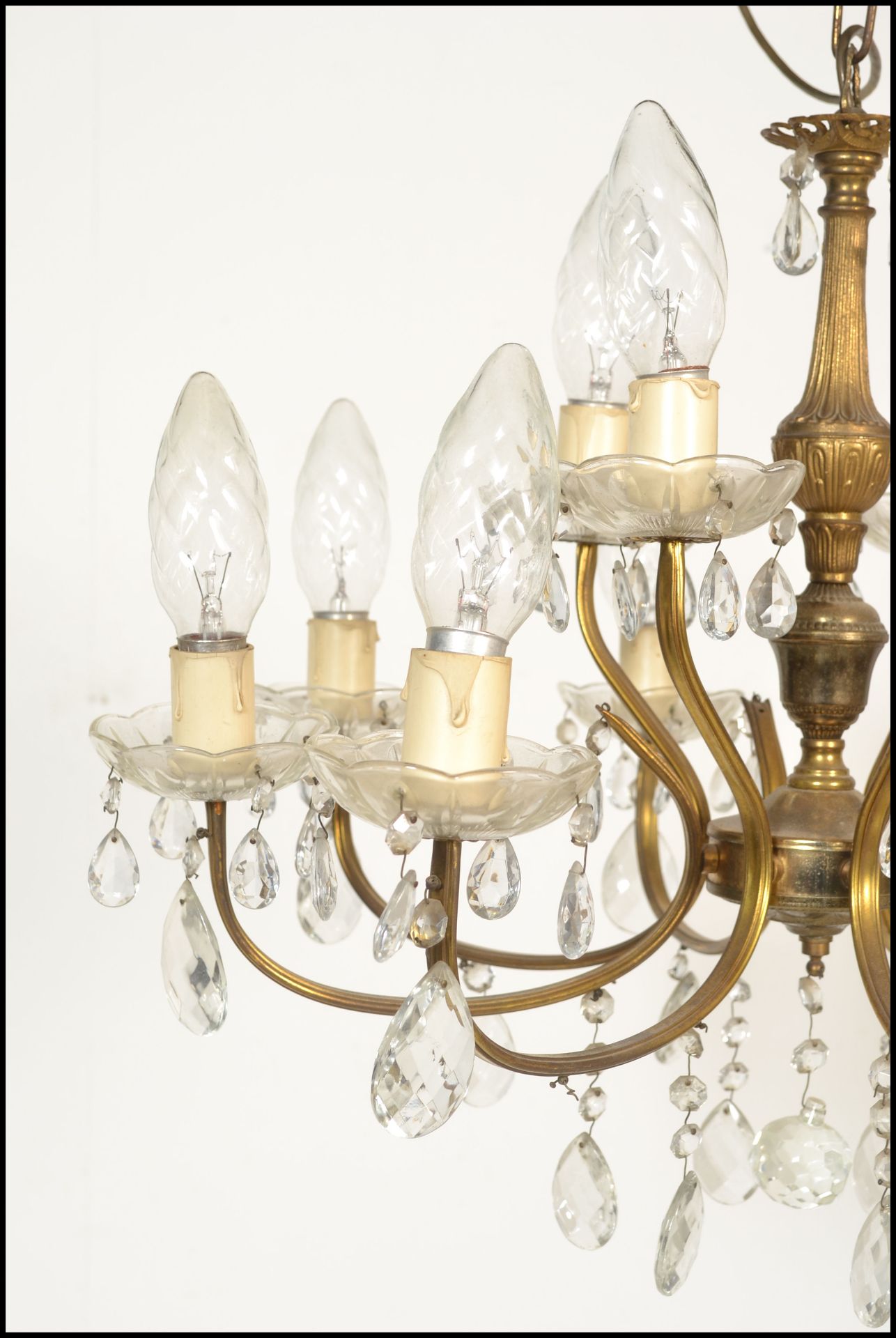 A six branch, twelve light gilt metal and cut glass chandelier, the sconces arranged in two tiers of - Bild 4 aus 5