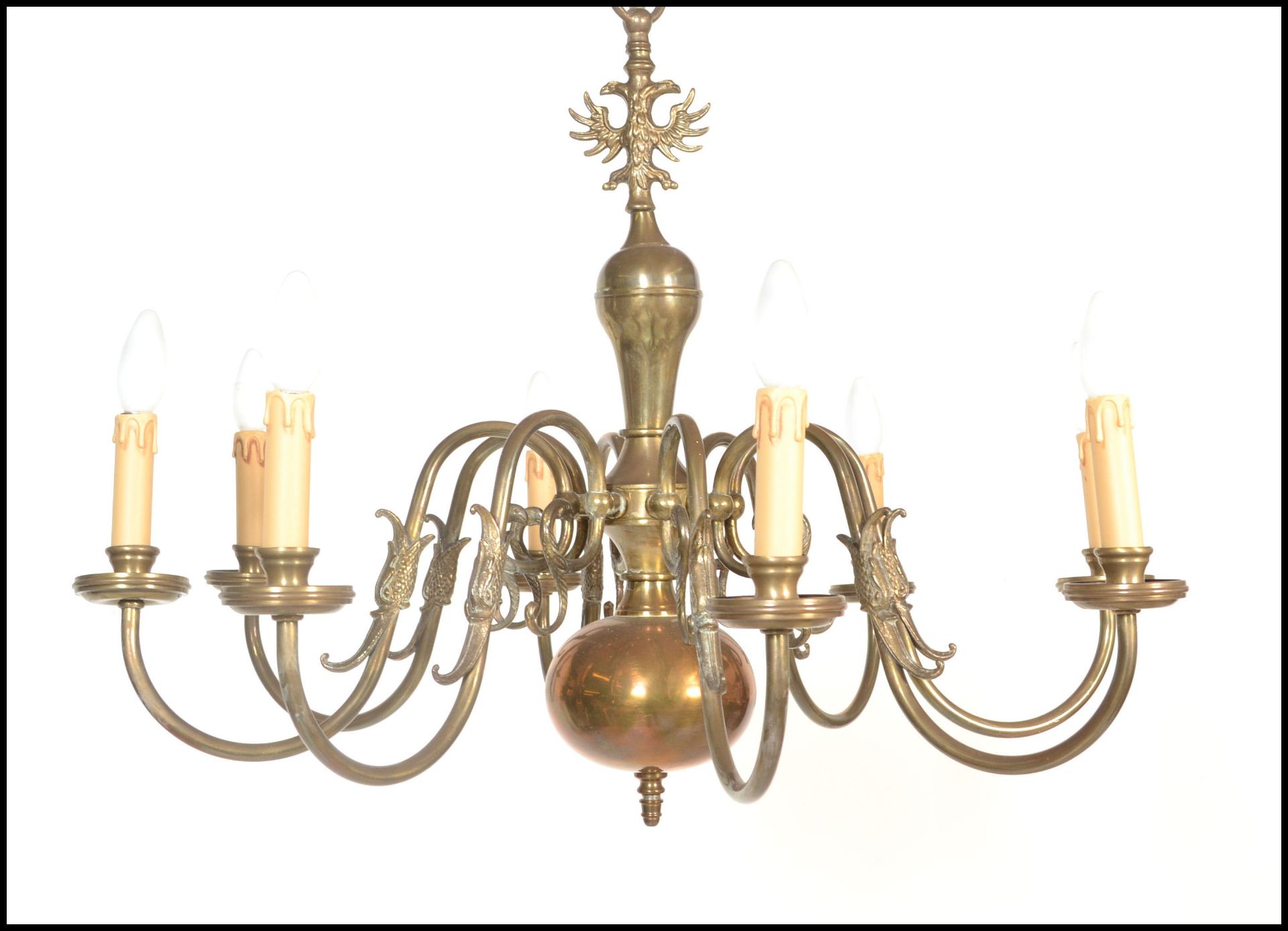 A 19th century style Dutch brass eight branch chandelier, with eight scrolling branches emanating - Bild 2 aus 7