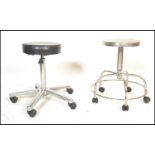 Two retro 20th Century industrial medical / dentists stools, both stools fitted with circular seat