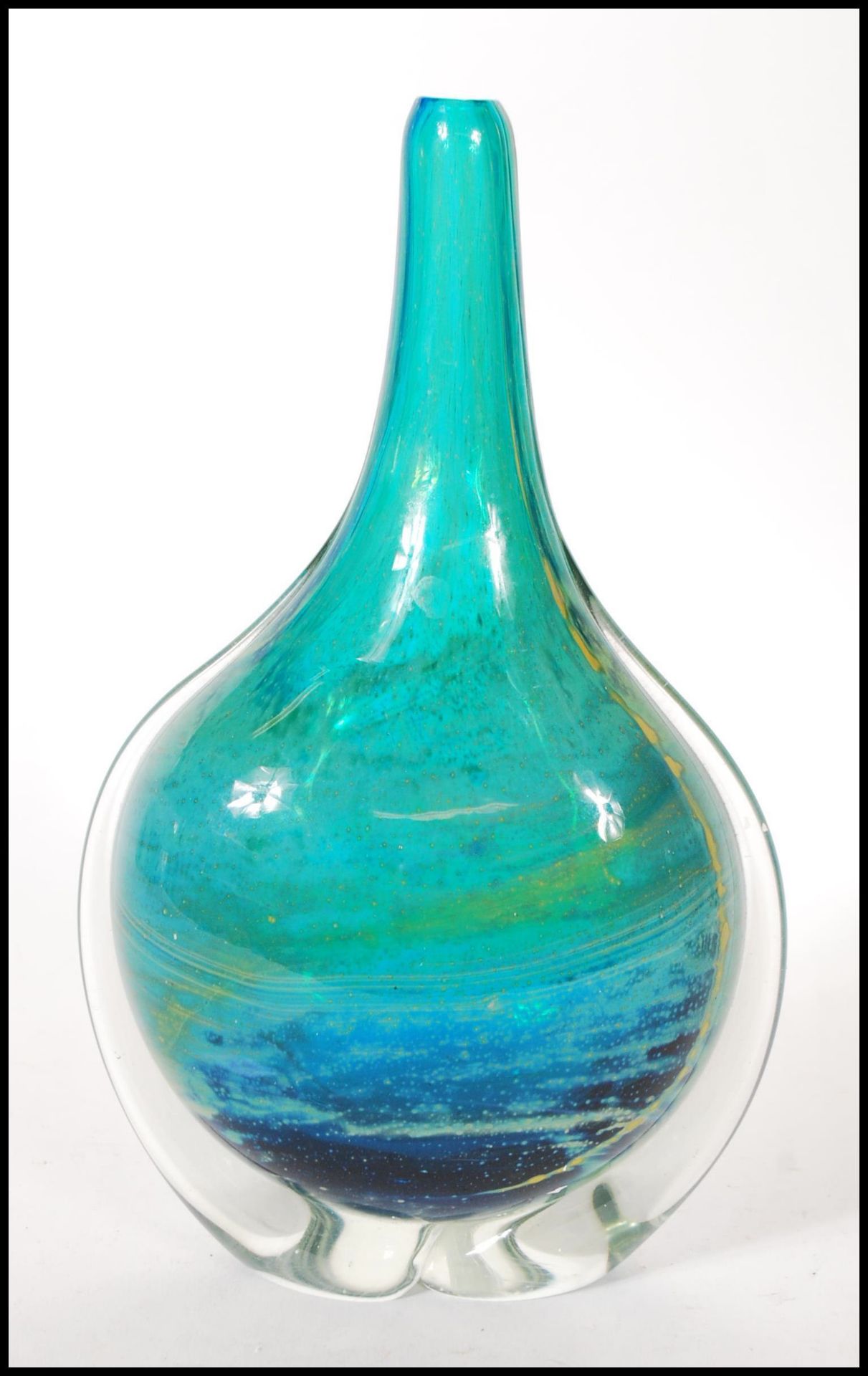 A vintage 20th century Mdina studio art glass stem vase having blue and yellow swirl design. - Bild 3 aus 6