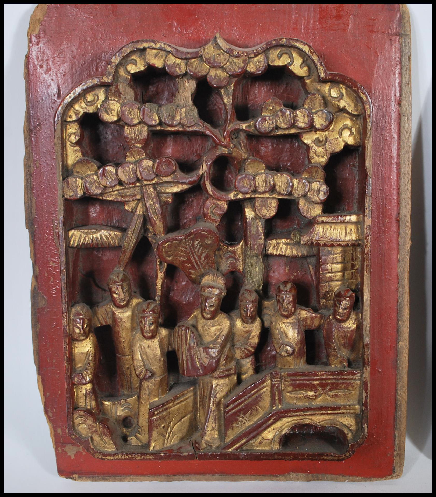A selection of carved Chinese wooden wall panels / plaques to include a red lacquered panel with - Image 2 of 8