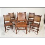 A set of six Harlequin late 19th Century Victorian panel dining chairs, panel seat pads with leather