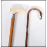 A malacca walking stick cane having a silver collar and bone handle to the top along with a bamboo
