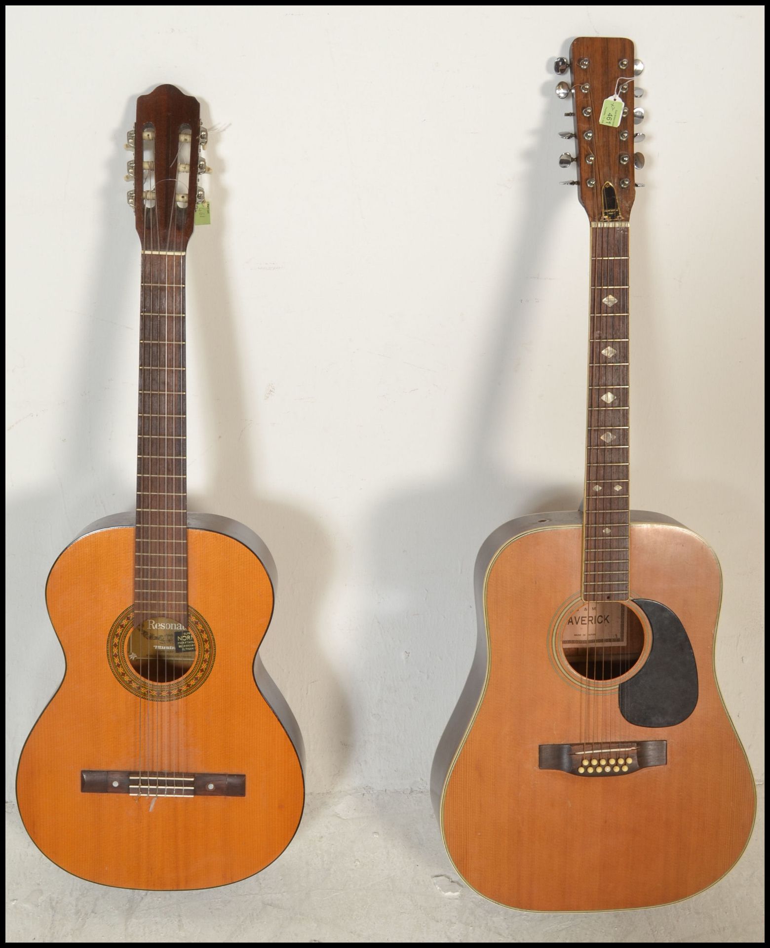 A twelve string acoustic guitar by B & M Maverick of typical form having chrome tuning pegs and