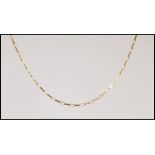 A stamped 375 9ct gold necklace chain having rectangular links with a spring ring clasp. Weight 4.