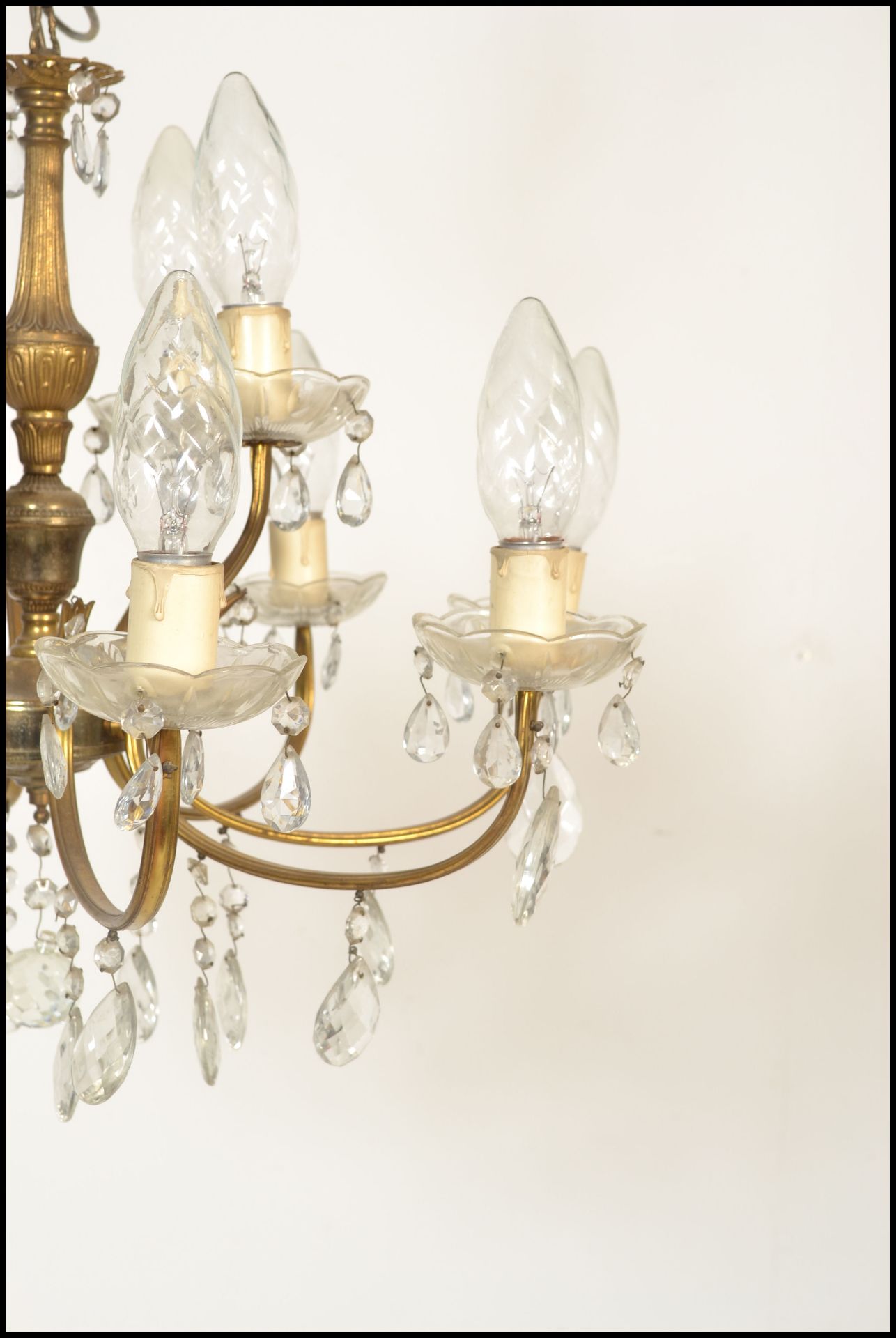 A six branch, twelve light gilt metal and cut glass chandelier, the sconces arranged in two tiers of - Bild 3 aus 5