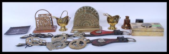 A collection of 20th Century brass wares to include a brass wooden lined Chinese box having a carved